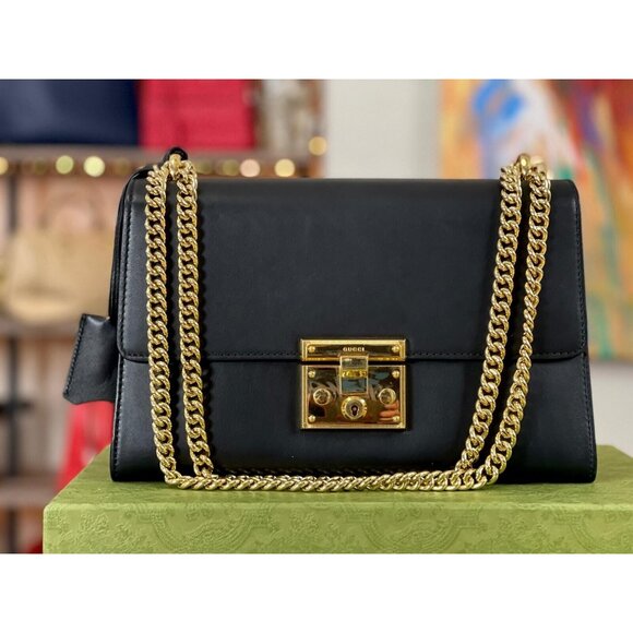 GUCCI Black Large Leather Padlock Chain Bag Shoulder Gold Lock Key Crossbody EUC - Picture 1 of 16